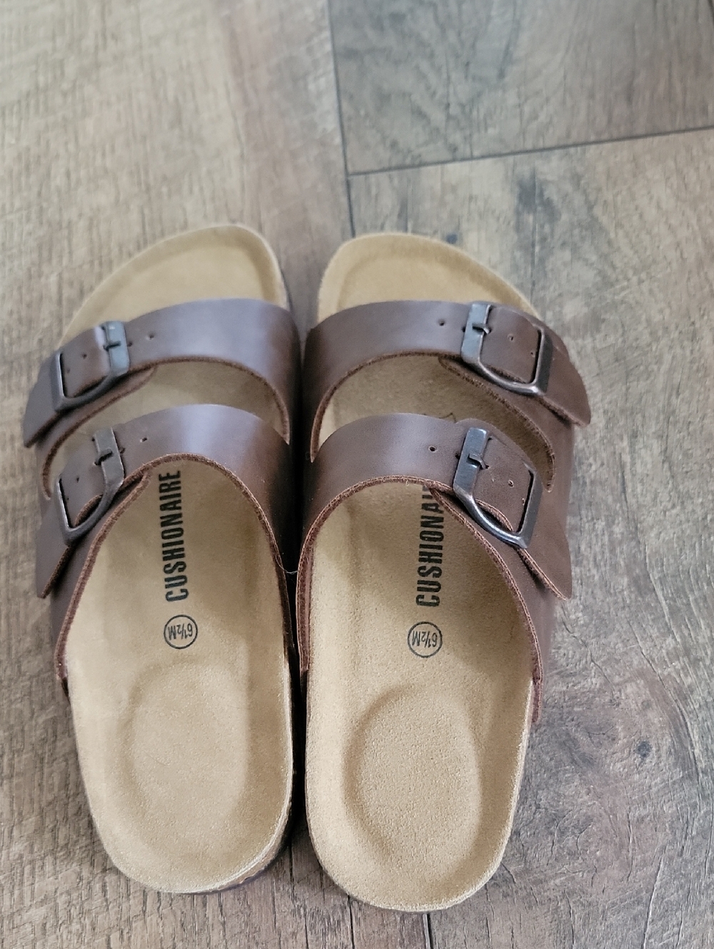 Cushionaire Women’s Brown Double-Buckle Slide Sandals